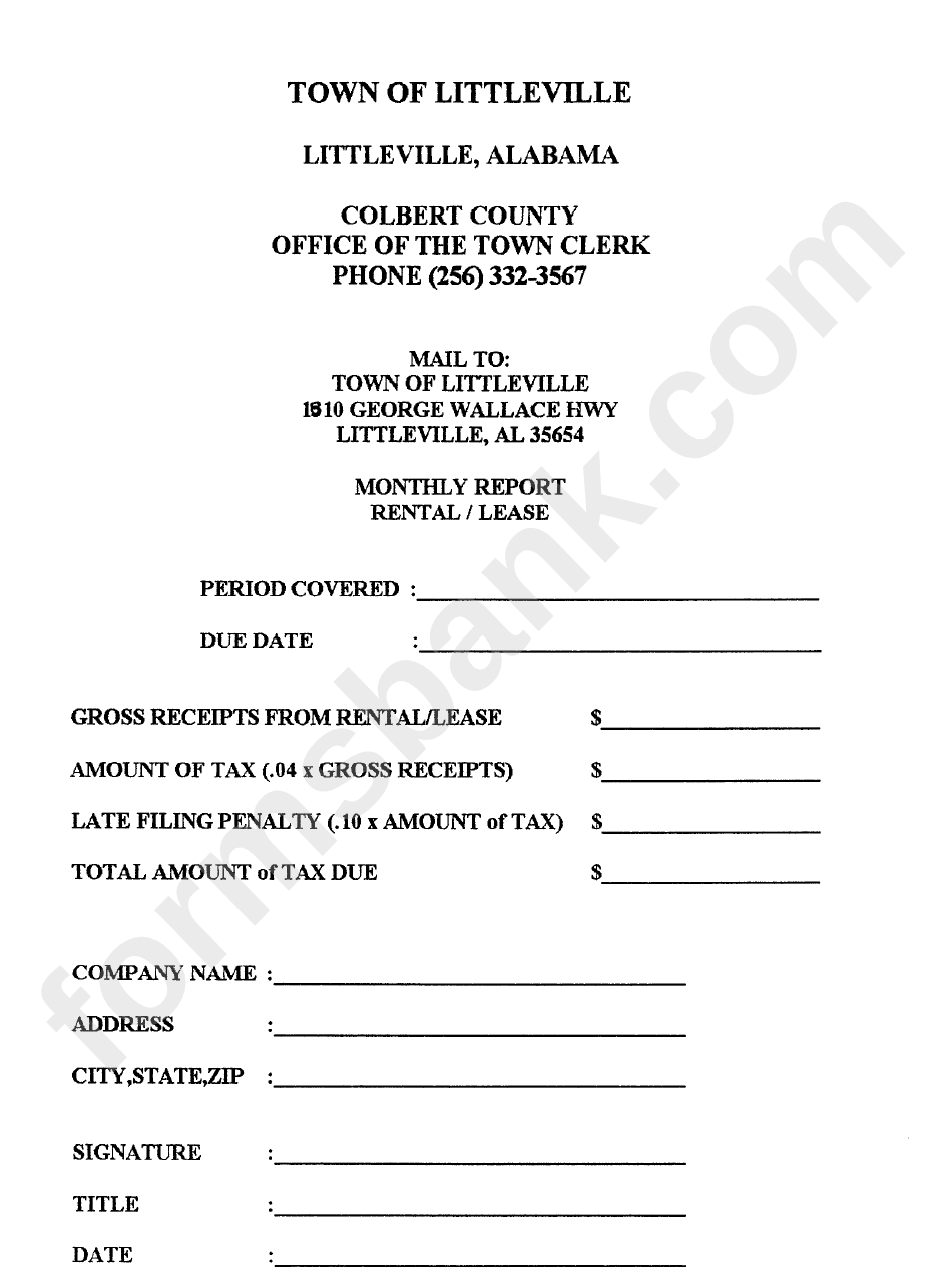 Monthly Report - Rental/lease Form - Littleville - Alabama