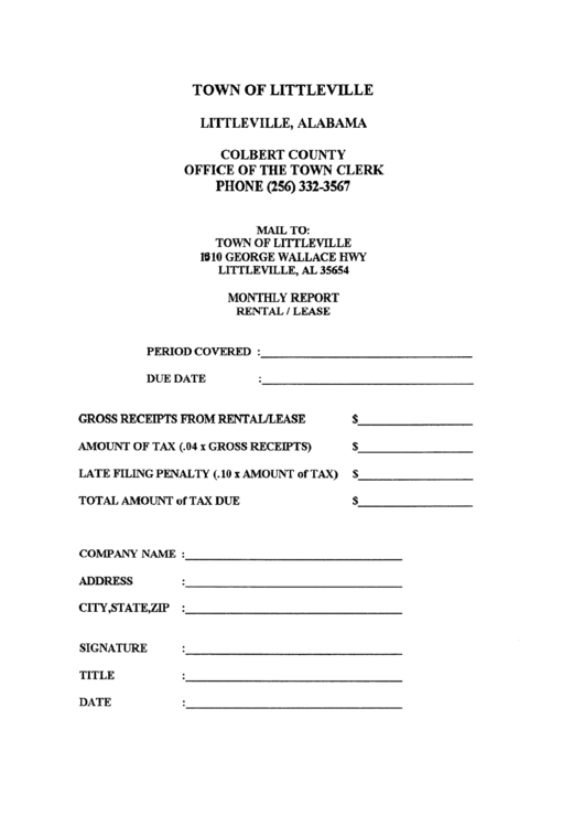Monthly Report - Rental/lease Form - Littleville - Alabama Printable pdf
