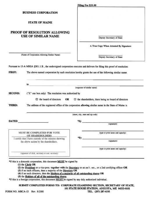 Proof Of Resolution Allowing Use Of Similar Name Form - Secretary Of State - Maine Printable pdf