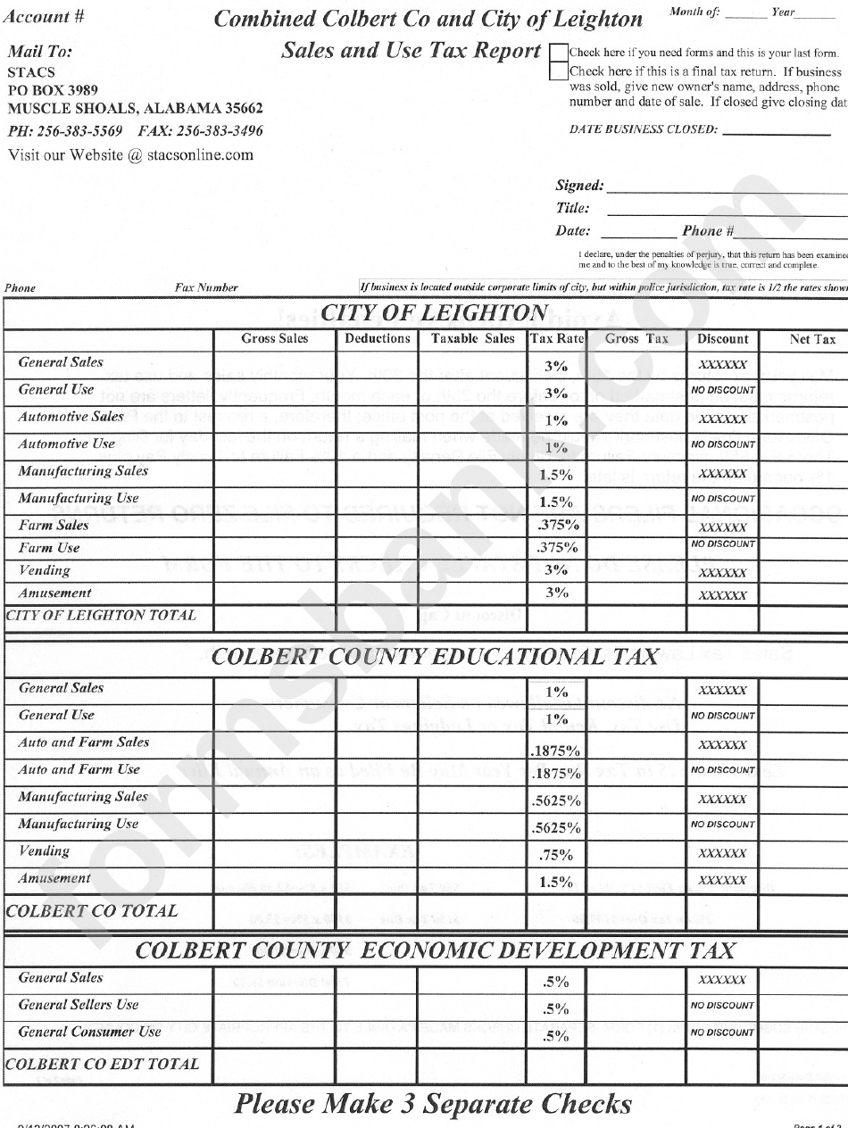 Combined Colbert County And City Of Leighton Sales And Use Tax Report Form - Colbert County - Alabama