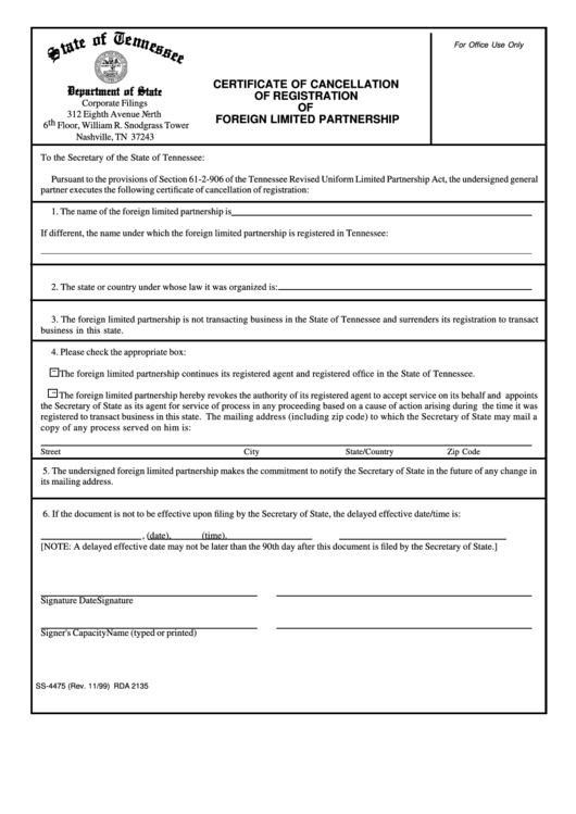 Form Ss-4475 - Certificate Of Cancellation Of Registration Of Foreign Limited Partnership - Department Of State - Tennessee Printable pdf