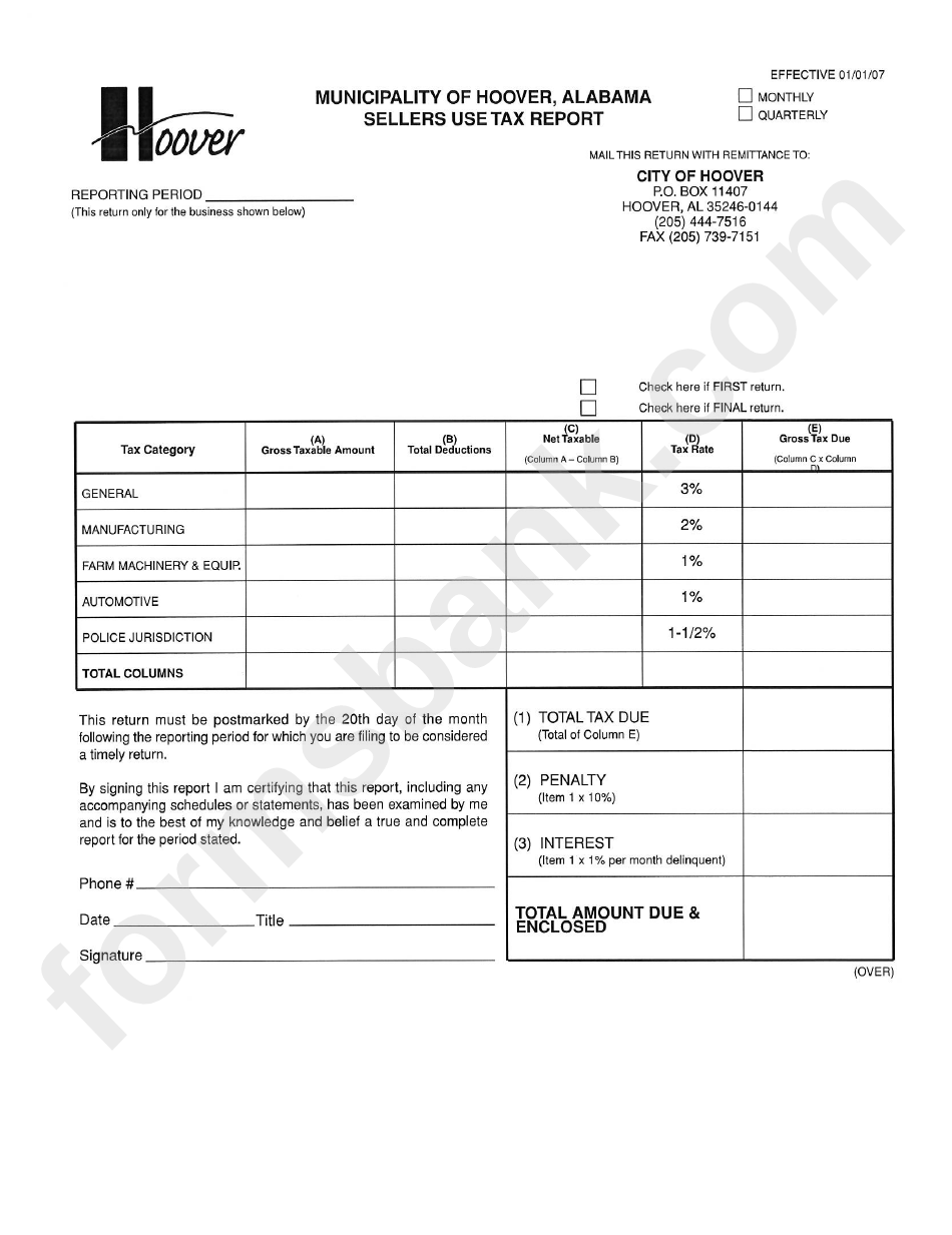 Sellers Use Tax Report Form - City Of Hoover - Alabama