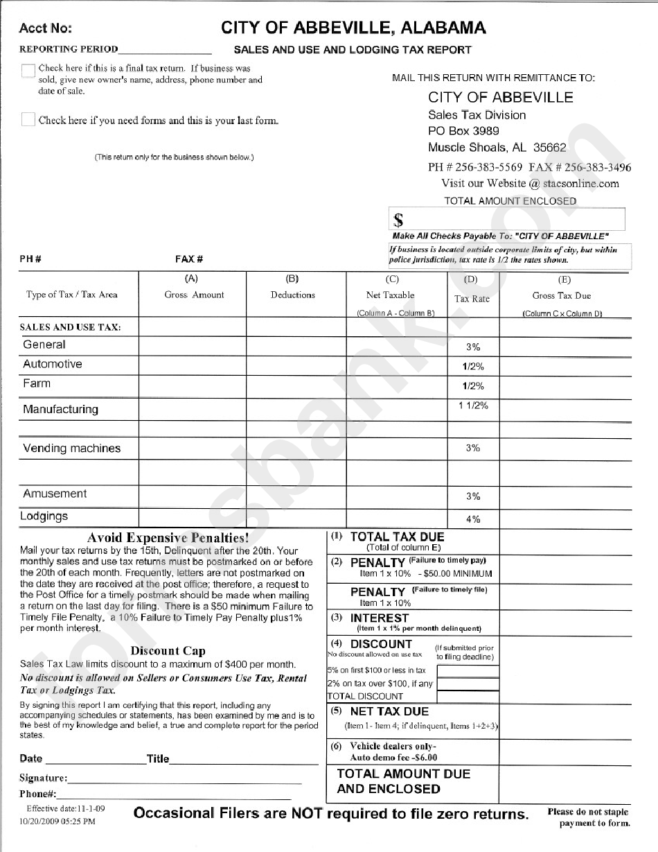 Sales And Use And Lodging Tax Report Form - City Of Abbeville - Alabama