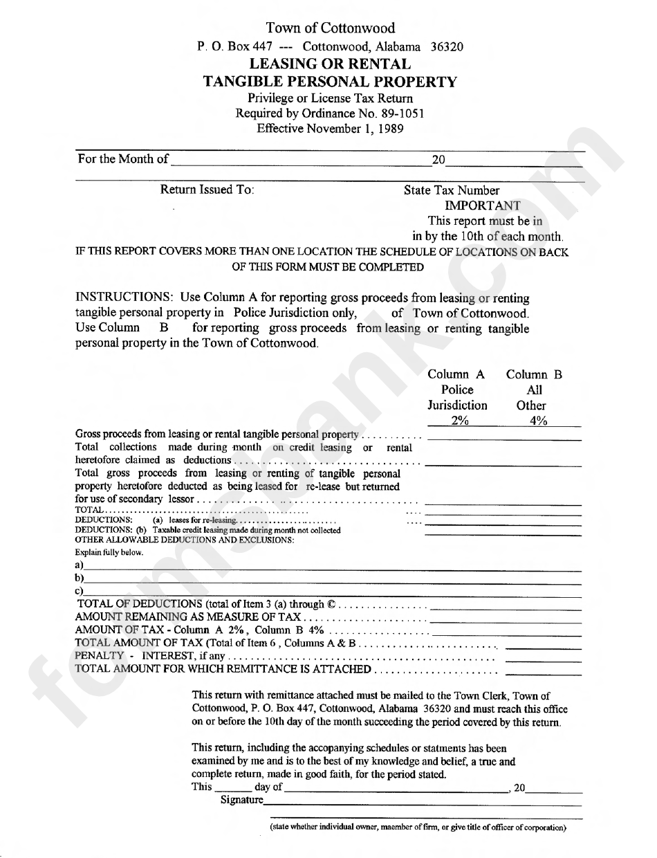 Leasing Or Rental Tangible Personal Property Privilege Or Liscense Tax Return Form - Town Of Cottonwood - Alabama