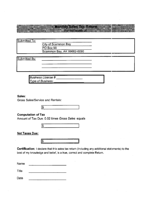 Monthly Sales Tax Return Form - Scammon Bay - Alaska Printable pdf