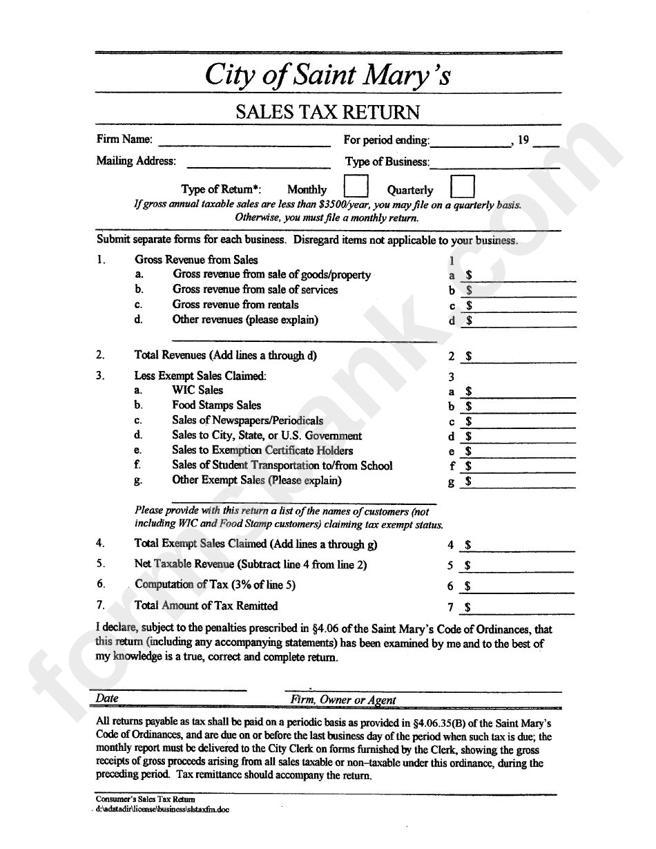 Sales Tax Return Form - City Of Saint Mary
