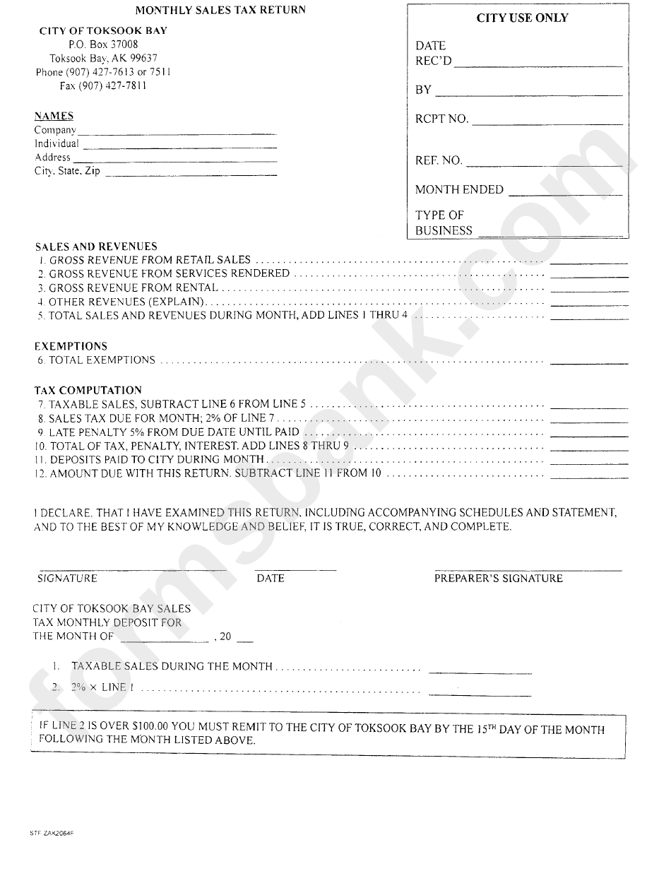 Form Zak2064f - Monthly Sales Tax Return Form - City Of Toksook Bay - Alaska