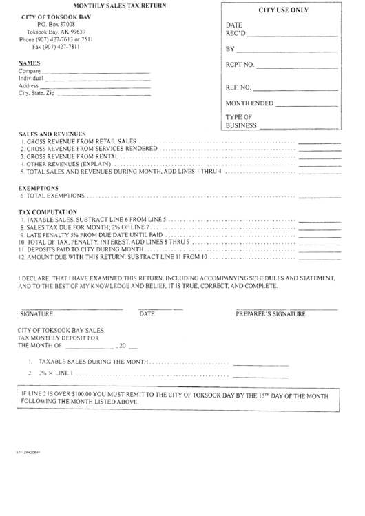 Form Zak2064f - Monthly Sales Tax Return Form - City Of Toksook Bay - Alaska Printable pdf
