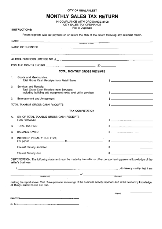 Monthly Sales Tax Report Form - City Of Unalakleet - Alaska Printable pdf