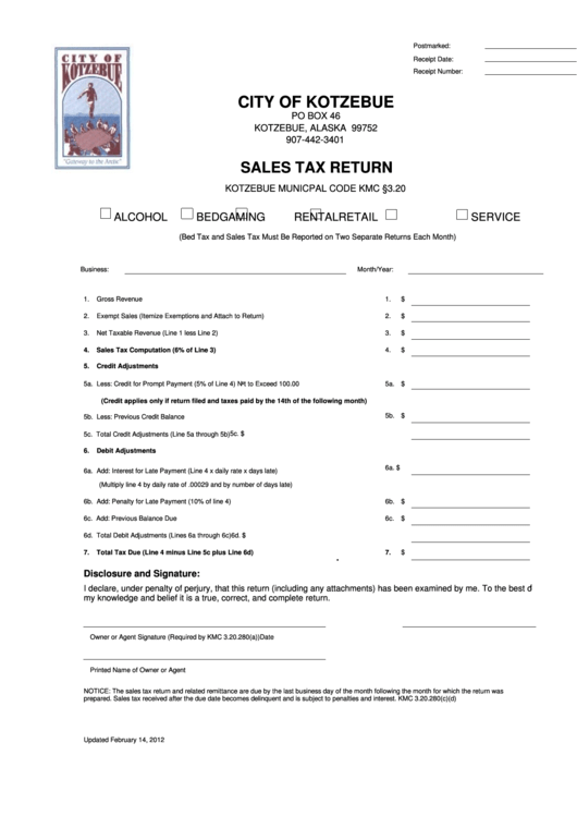 Fillable Sales Tax Return Form - City Of Kotzebue - Alaska Printable pdf