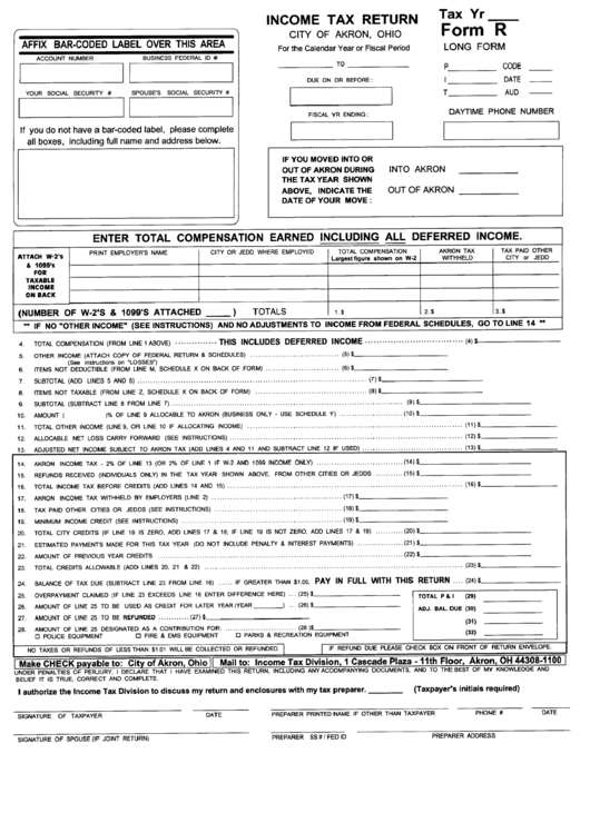 Income Tax Return Form - City Of Akron - Ohio Printable pdf