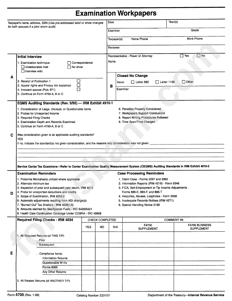Form 4700 - Examination Workpapers Form - Department Of The Treasury