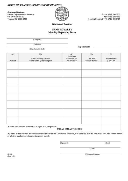 Form Sr-89 - Sand Royalty Monthly Reporting Form - Kansas Department Of Revenue Printable pdf