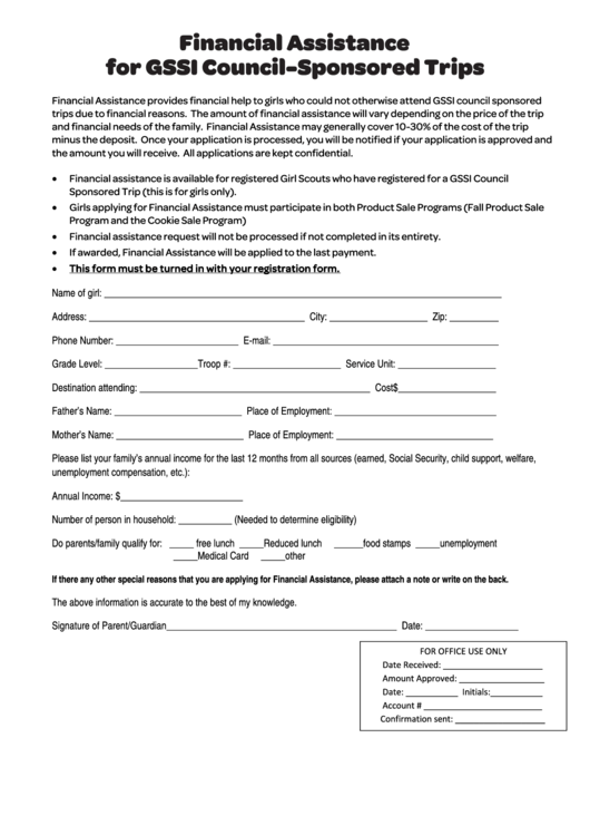 Financial Assistance For Council Sponsored Trips Form Printable pdf