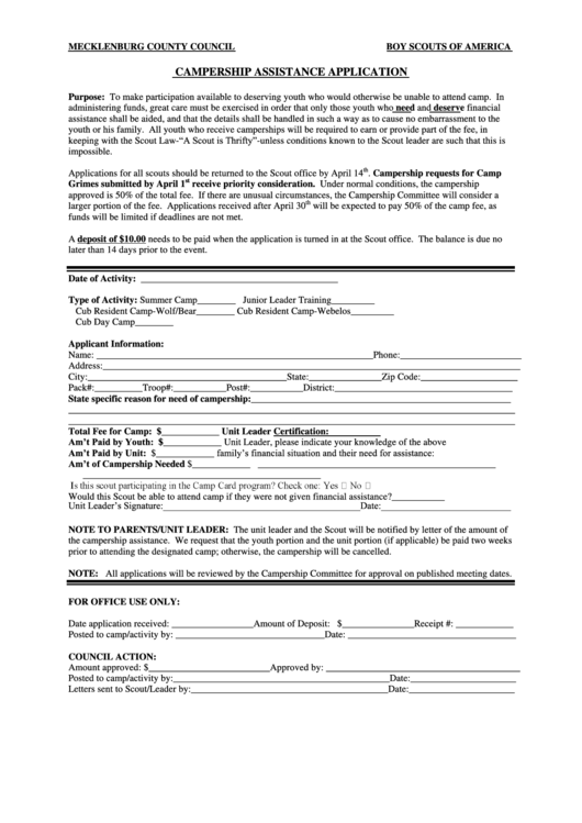 Campership Assistance Application Printable pdf