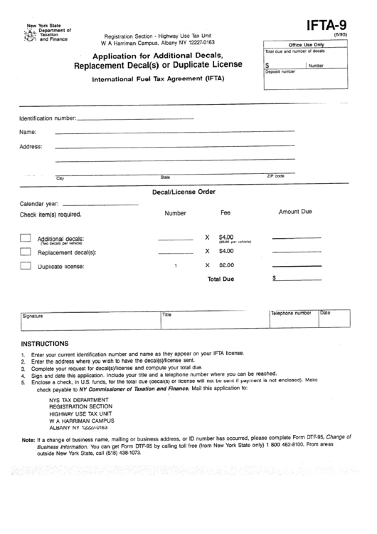 Form Ifta-9 - Application For Additional Decals, Replacement Decal(S) Or Duplicate License Form - New York State Department Of Taxation And Finance Printable pdf