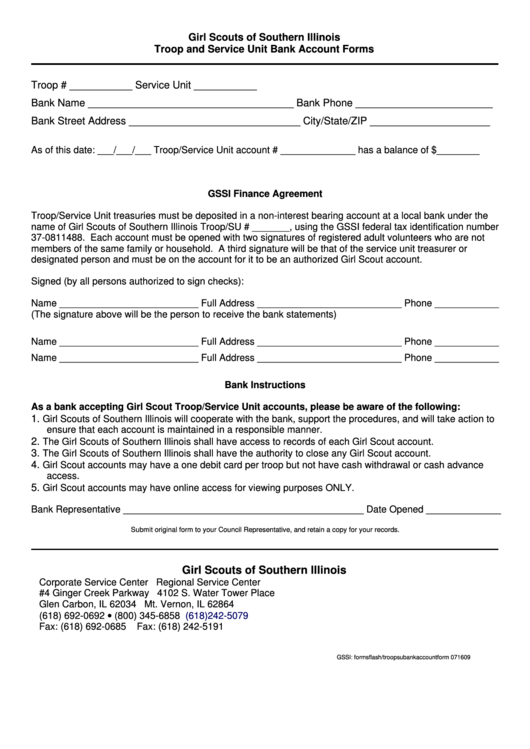 Troop & Service Unit Bank Account Form Printable pdf