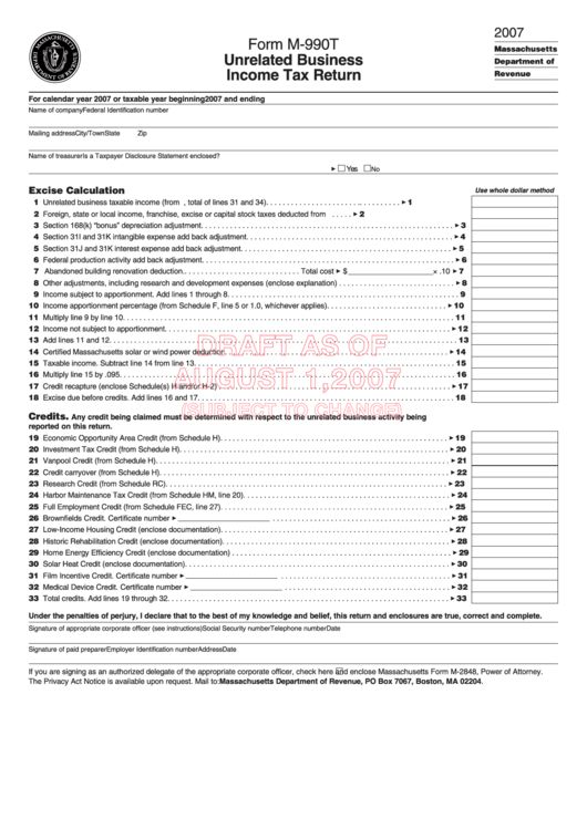 Form M-990t Draft - Unrelated Business Income Tax Return - 2007 Printable pdf