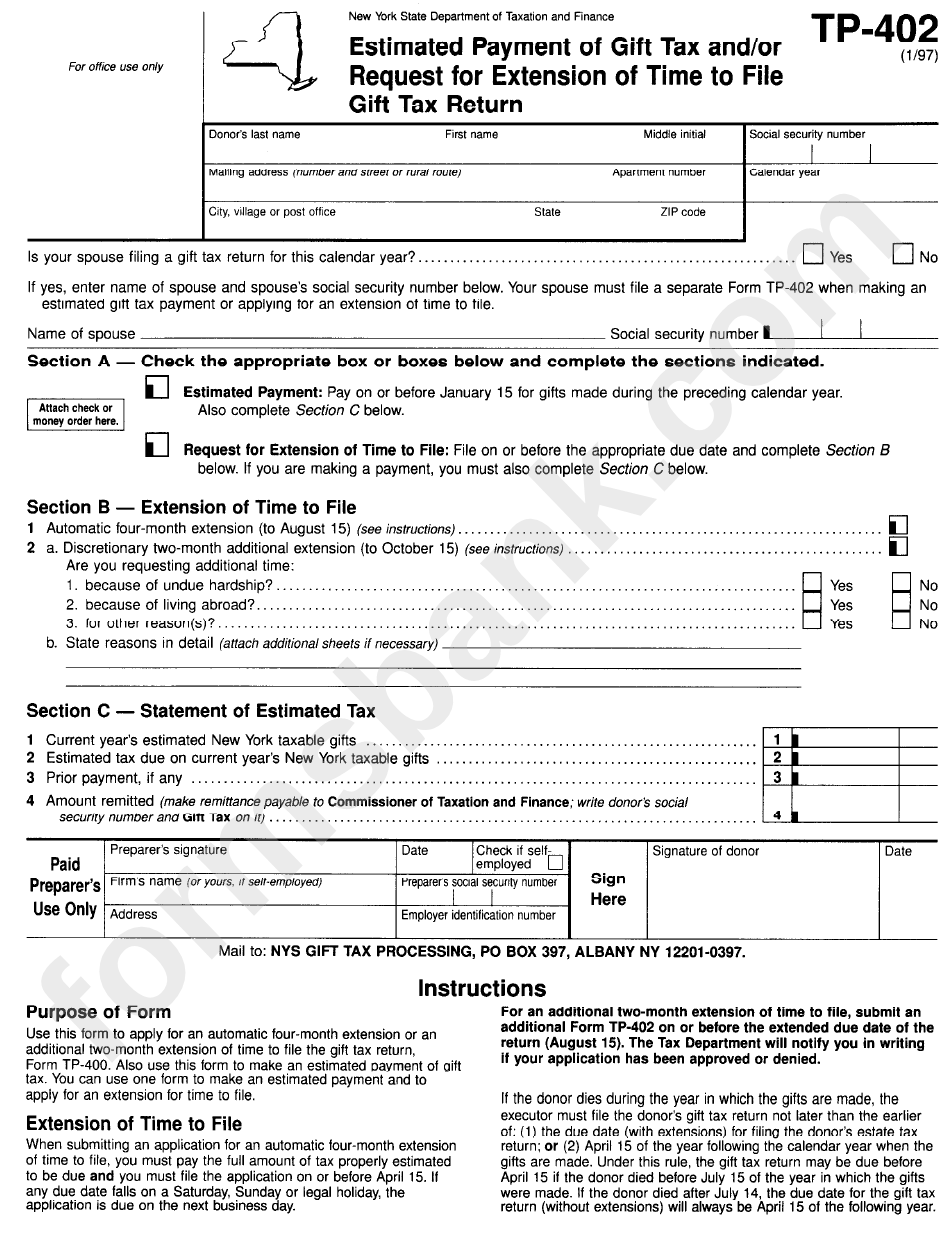 Form Tp-402 - Estimated Payment Of Gift Tax And/or Request For Extension Of Time To File Gift Tax Return Form - New York State Department Of Taxation And Finance
