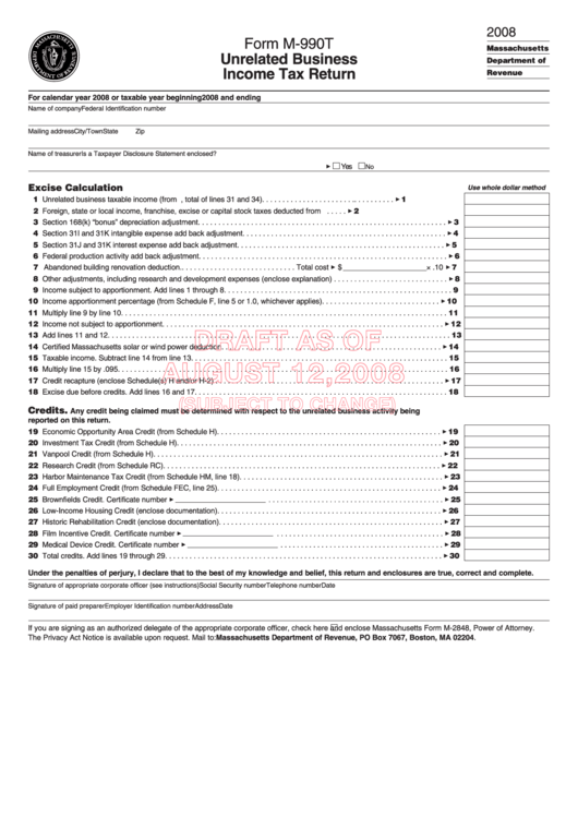 Form M-990t Draft - Unrelated Business Income Tax Return - 2008 Printable pdf