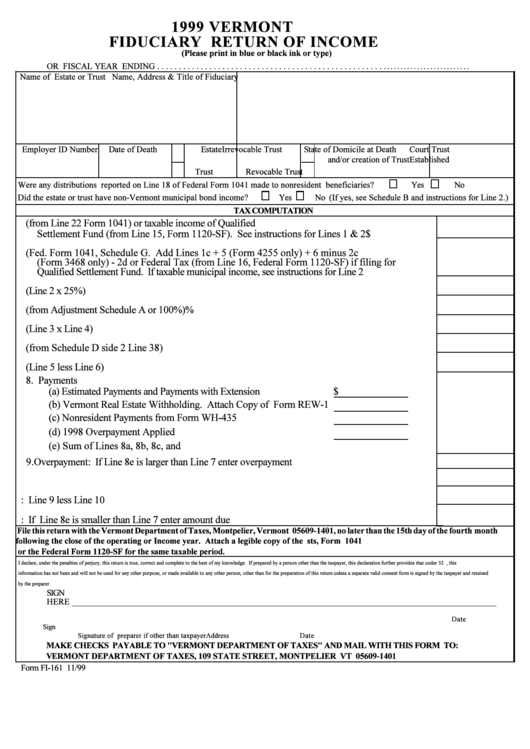 Form Fi-161 - Fiduciary Return Of Income - 1999 Printable pdf