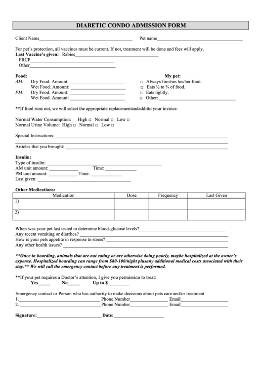 Fillable Diabetic Condo Admission Form Printable pdf