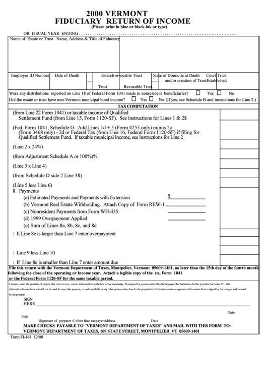 Form Fi-161 - Fiduciary Return Of Income - 2000 printable pdf download