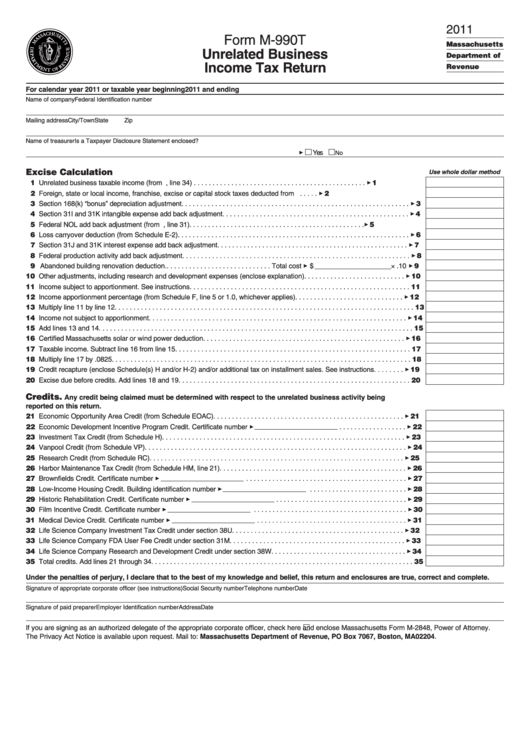 Form M-990t - Unrelated Business Income Tax Return - 2011 Printable pdf