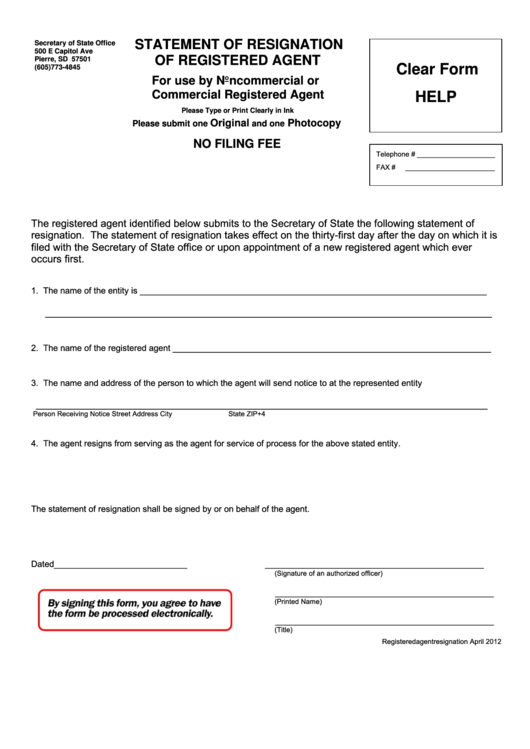Fillable Statement Of Resignation Of Registered Agent Form - 2012 Printable pdf