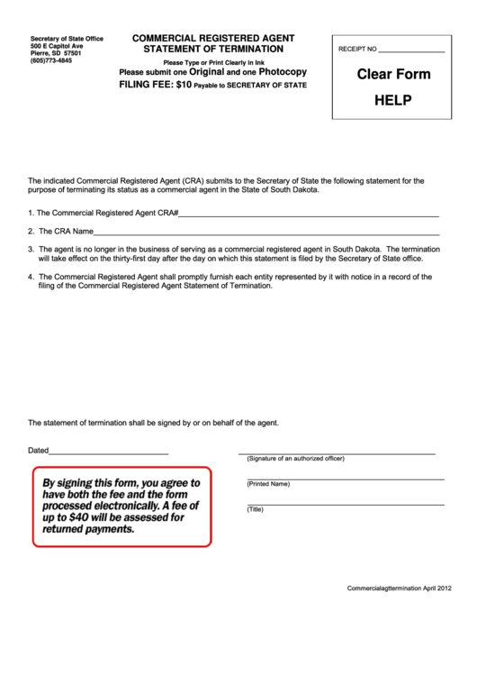 Fillable Commercial Registered Agent Statement Of Termination Form - 2012 Printable pdf