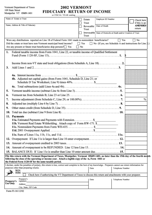 Form Fi-161 - Fiduciary Return Of Income - 2002 Printable pdf