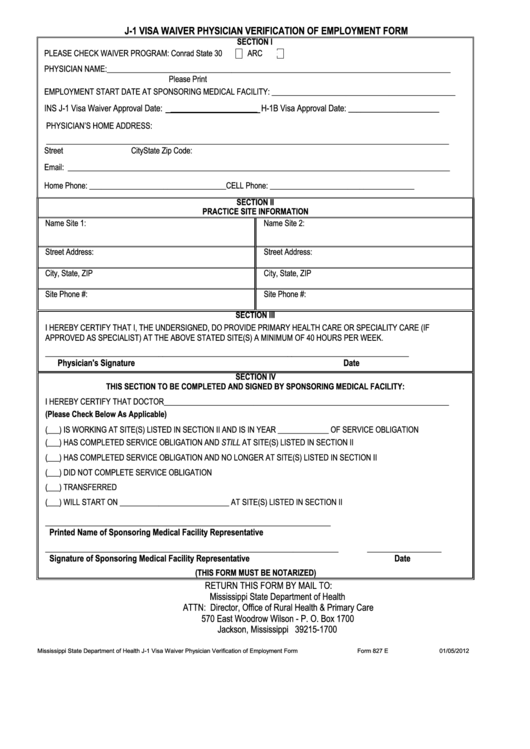 Form 827 E - J-1 Visa Waiver Physician Verification Of Employment - 2012 Printable pdf