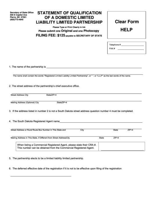 Fillable Statement Of Qualification Of A Domestic Limited Liability Limited Partnership - South Dakota Secretary Of State Printable pdf