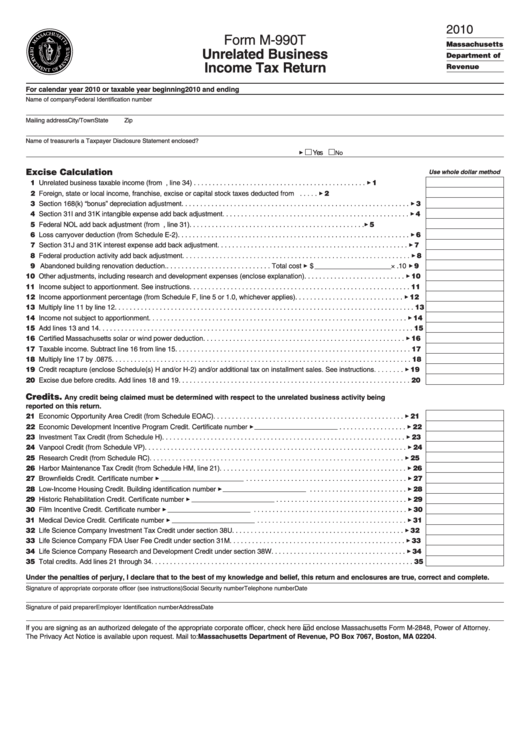Form M-990t - Unrelated Business Income Tax Return - 2010 Printable pdf