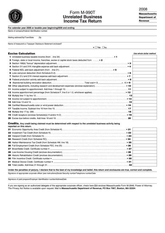 Form M-990t - Unrelated Business Income Tax Return - 2008 Printable pdf