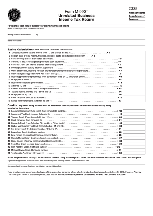 Form M-990t - Unrelated Business Income Tax Return - 2006 Printable pdf