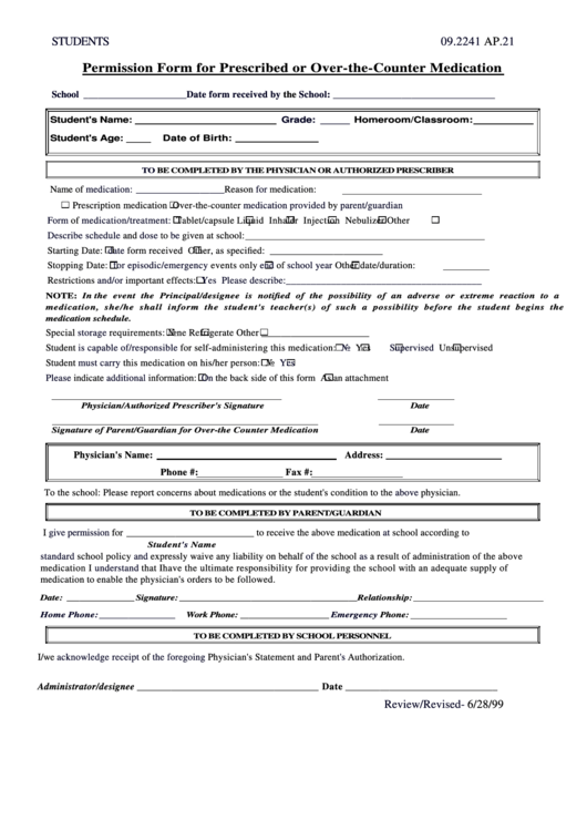 Fillable Permission Form For Prescribed Or Over-The-Counter Medication Printable pdf