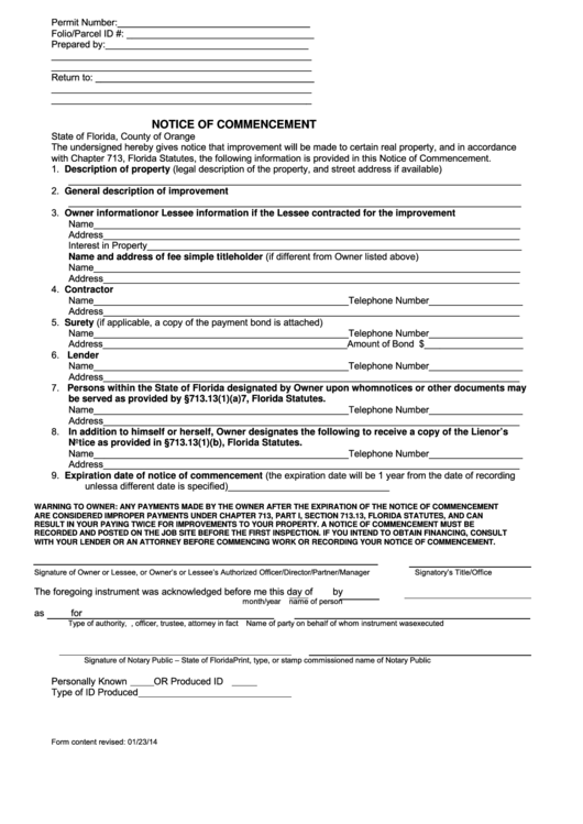 Notice Of Commencement Form - State Of Florida, County Of Orange