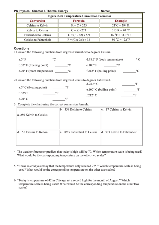 Ps Physics Worksheet - Chapter 6 Thermal Energy Printable pdf
