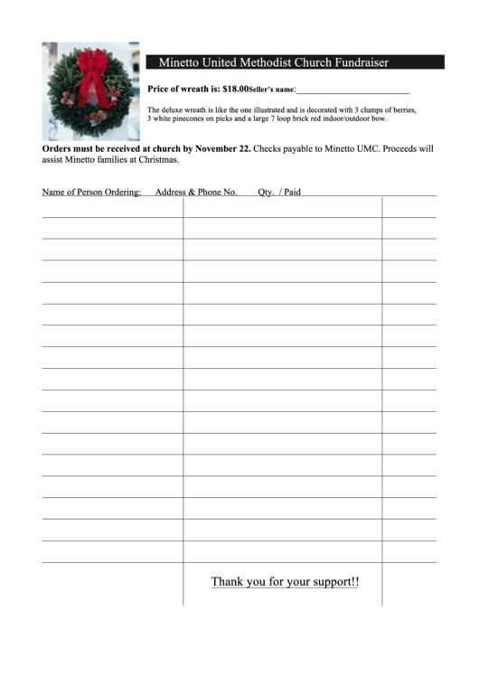 Order Form - Minetto United Methodist Church Fundraiser Printable pdf