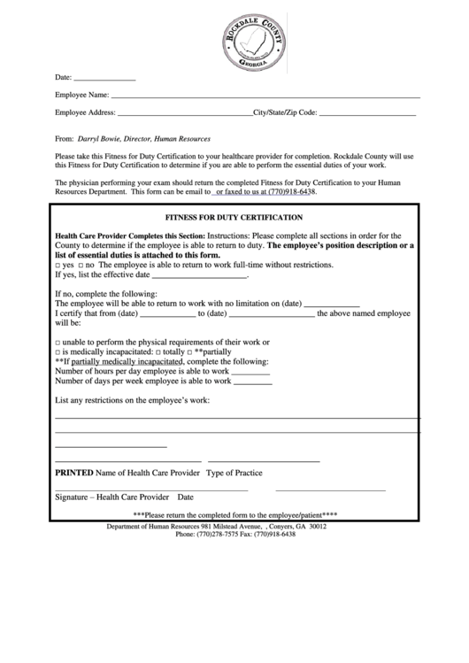 Fitness For Duty Certification Form Printable pdf