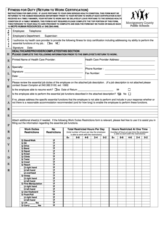 Fitness For Duty (Return To Work Certification) - Montgomery County Public Schools Printable pdf