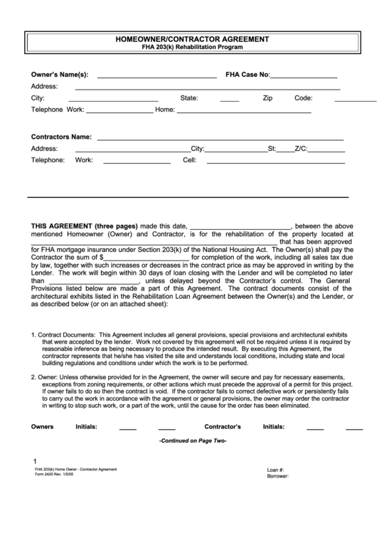 Form 2420 - Homeowner/contractor Agreement - Fha 203(K) Rehabilitation Program Printable pdf