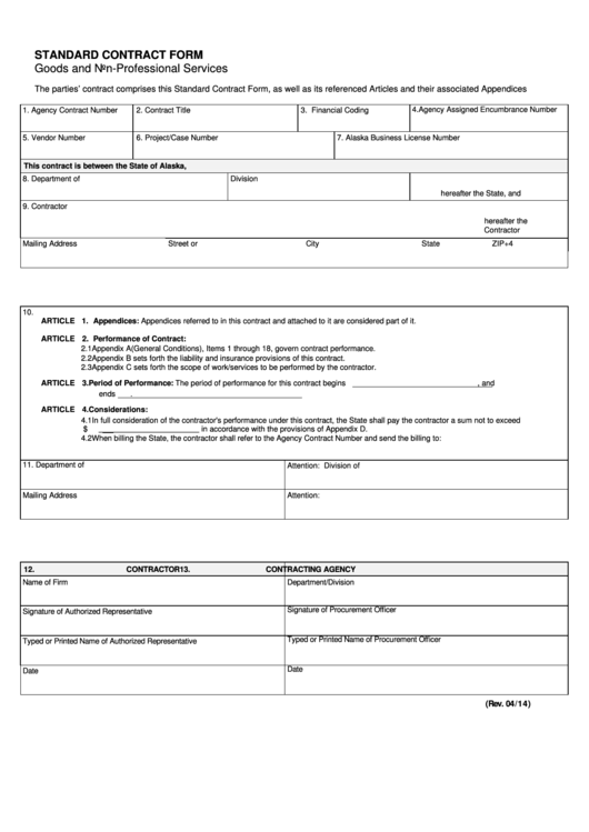 Standard Contract Form - Goods And Non-Professional Services - 2014 Printable pdf