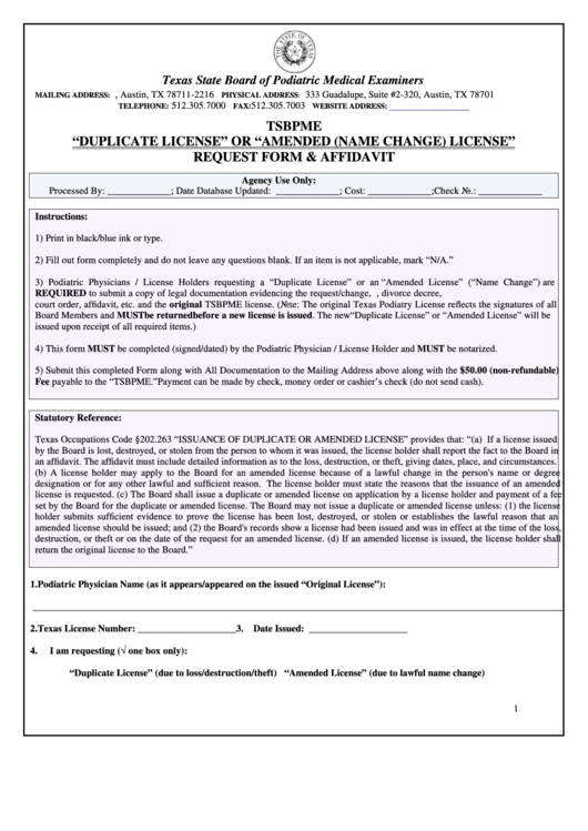 Fillable "Duplicate License" Or "Amended (Name Change) License" Request Form & Affidavit - 2013 Printable pdf