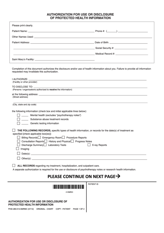 Fillable Authorization For Use Or Disclosure Of Protected Health Information Printable pdf