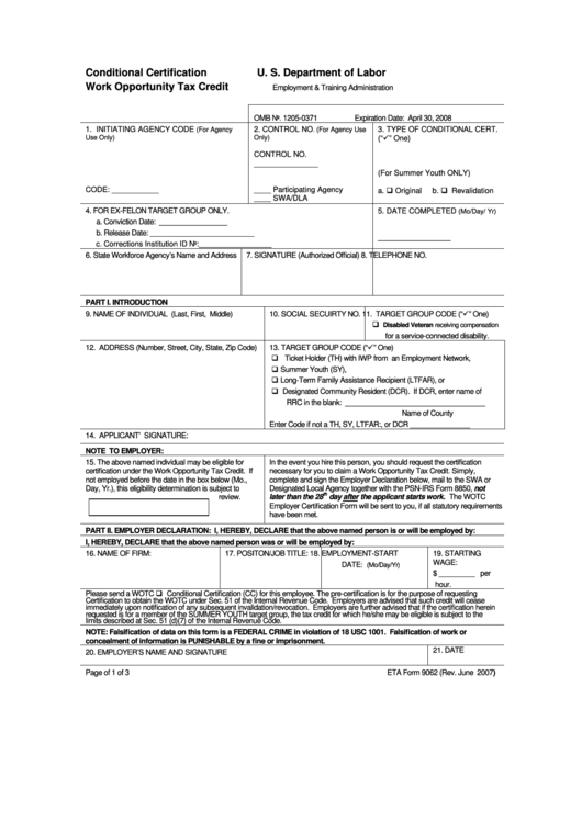 Eta Form 9062 - Work Opportunity Tax Credit - 2007 Printable pdf