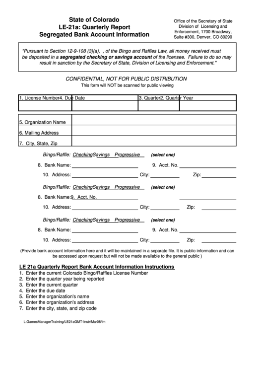 Form Le-21a - Quarterly Report Segregated Bank Account Information Instruction Printable pdf