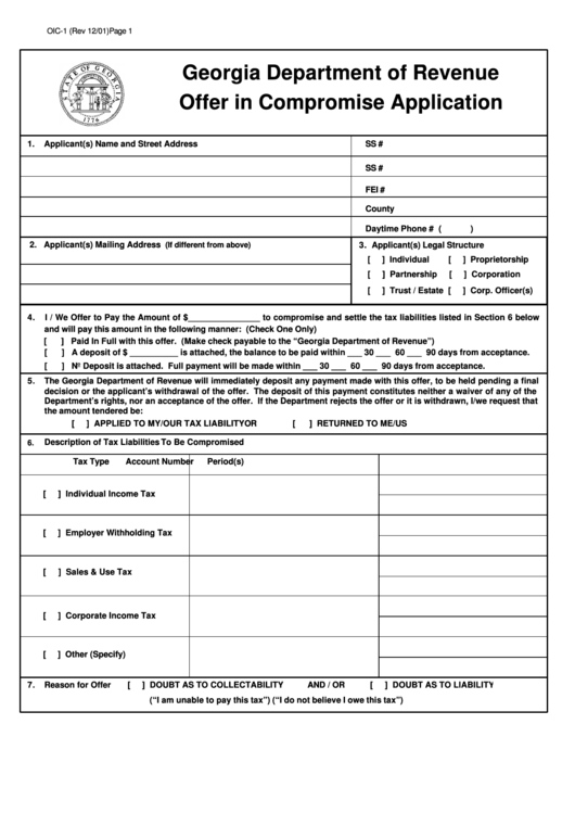 Form Oic-1 - Offer In Compromise Application - 2001 Printable pdf