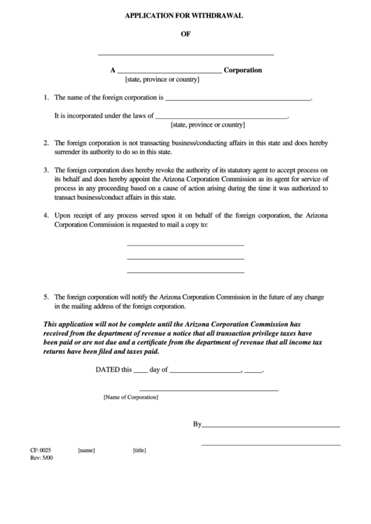 Form Cf: 0025 - Application For Withdrawal Of Corporation Printable pdf
